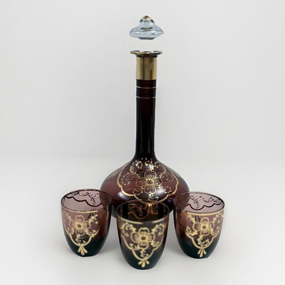 Vintage Decanter Ruby Red Glass & 3 Cups with Gold Trim 1960s  11.5 "Tall